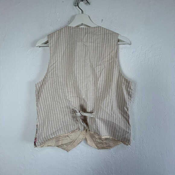 Talbots Womens V-Neck Floral Vest Medium Beige Striped Back Lightweight Pockets - Picture 2 of 7